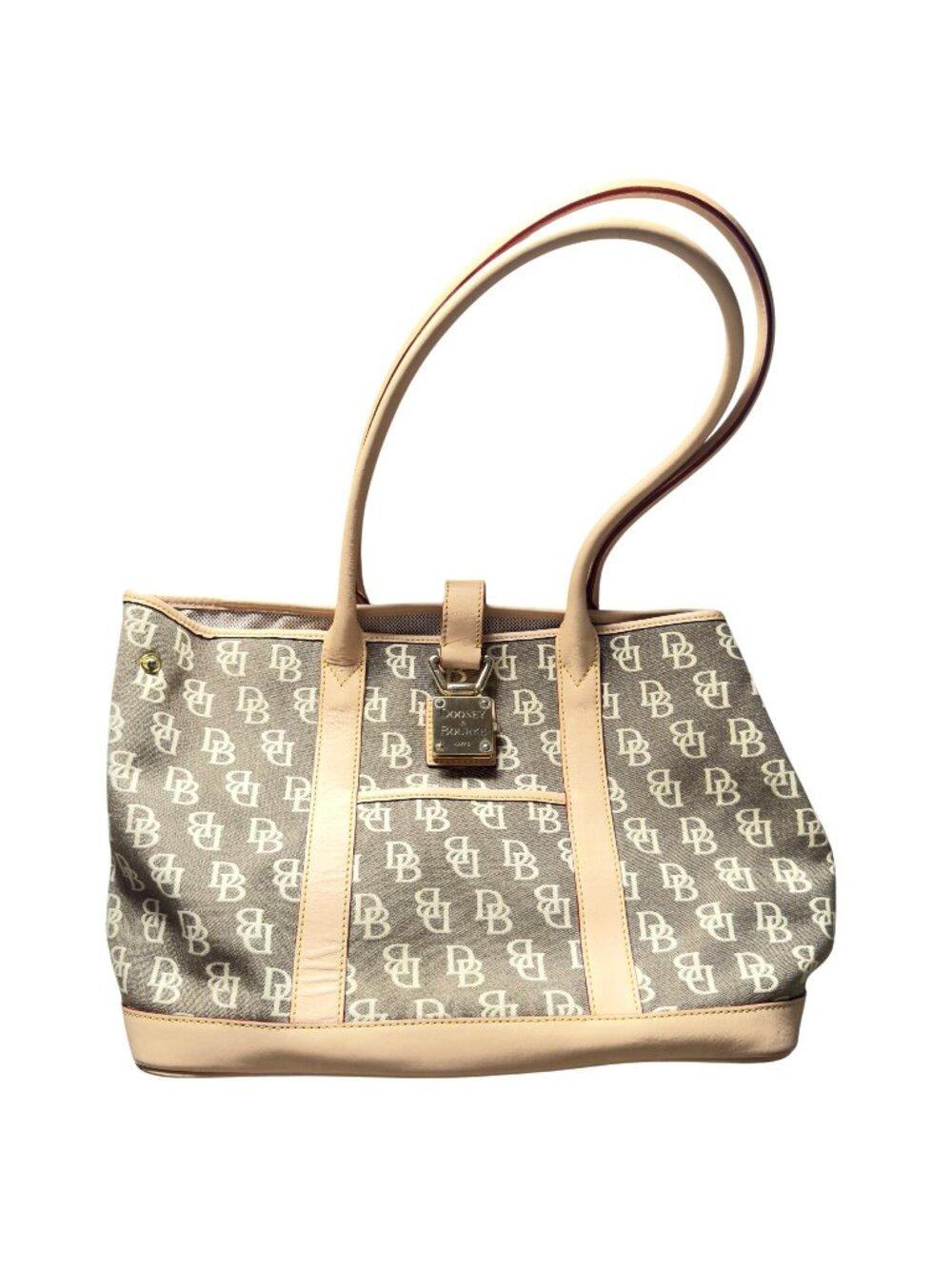 Dooney & Bourke Vtg Monogram Canvas Tote Bag Natural Leather Trim Clasp